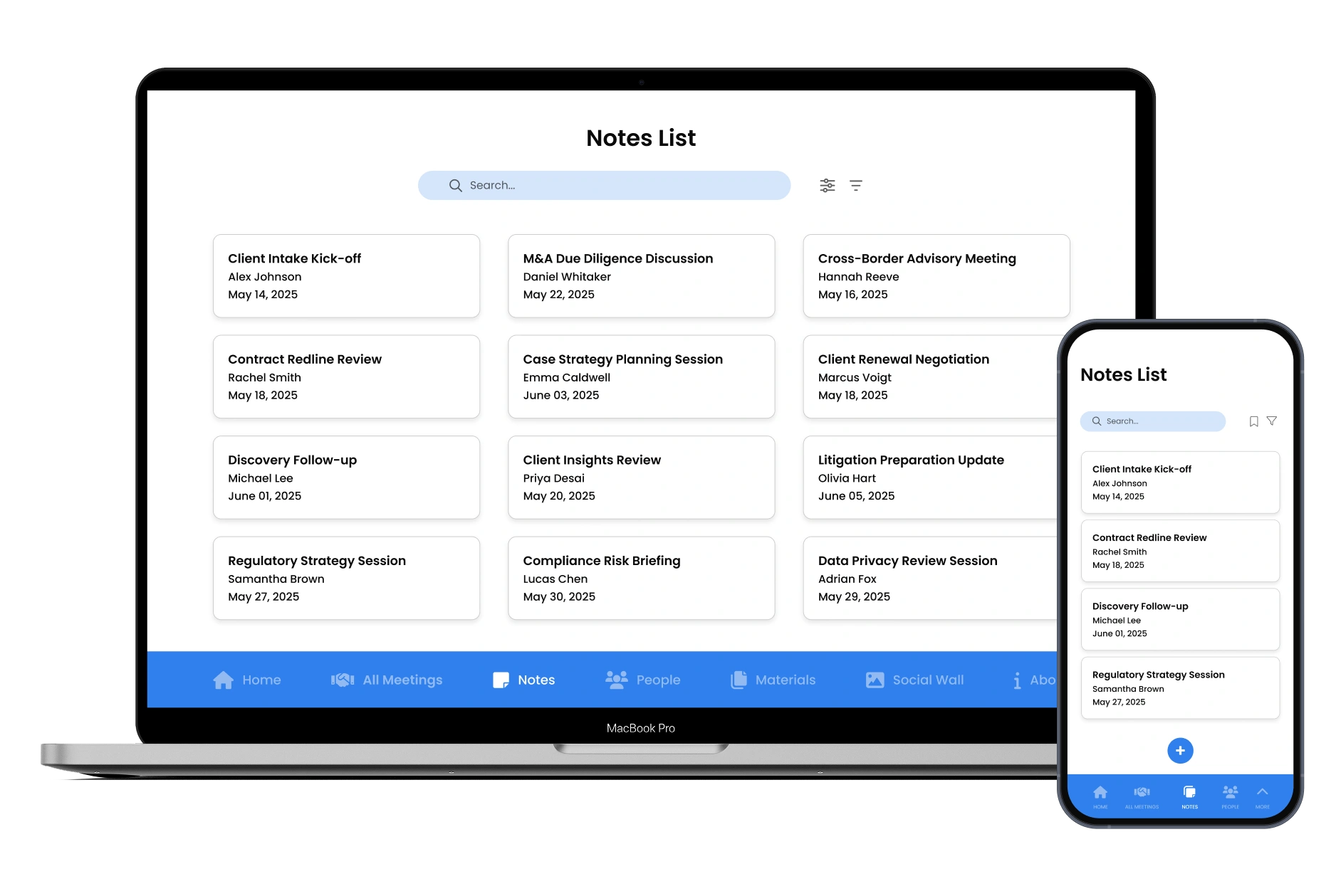 Notes list screen showing all meeting notes