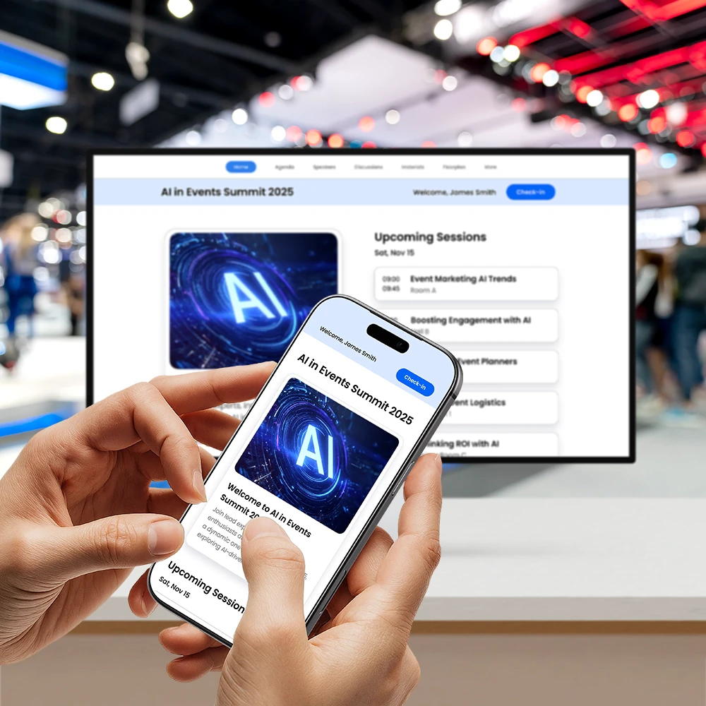 Laptop, smartphone and tablet mockups displaying Fliplet Mobile Event App screens