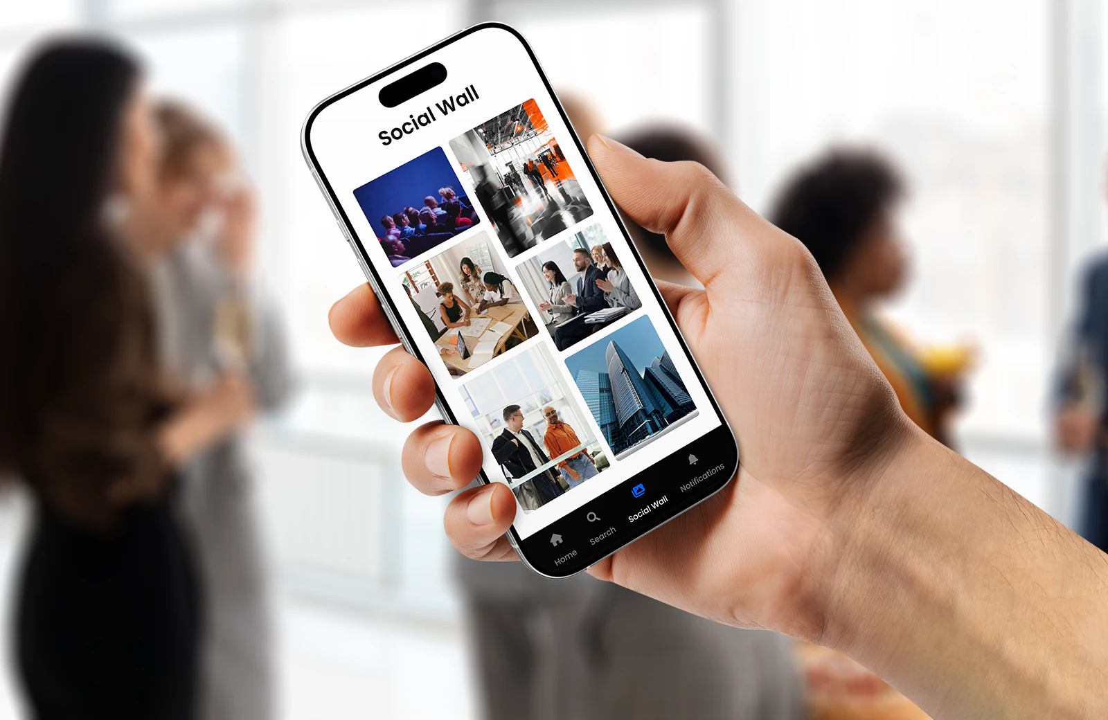 Social Wall app interface on smartphone showing event photos and community engagement